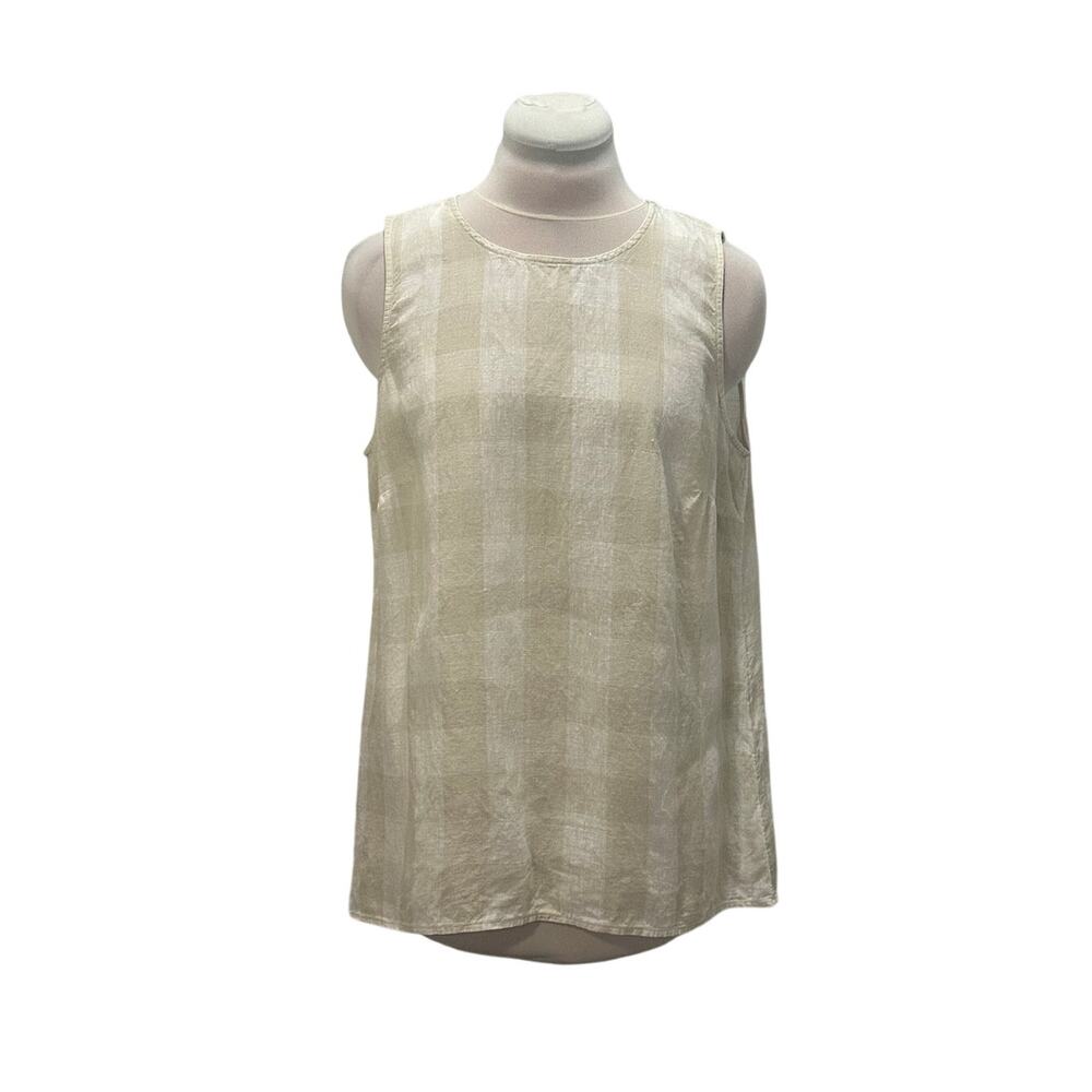 J. JILL LOVE LINEN Tan White Gingham Button Back Tank Top MEDIUM Coastal Beachy